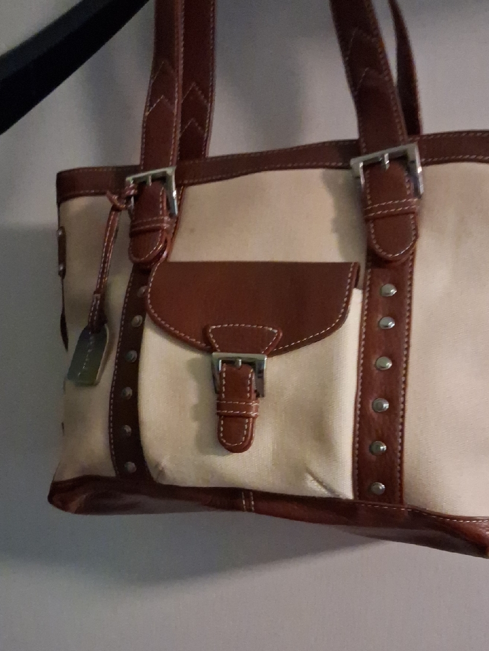 Tignanello Cream and Brown Canvas Shoulder Tote with Buckle Pocket